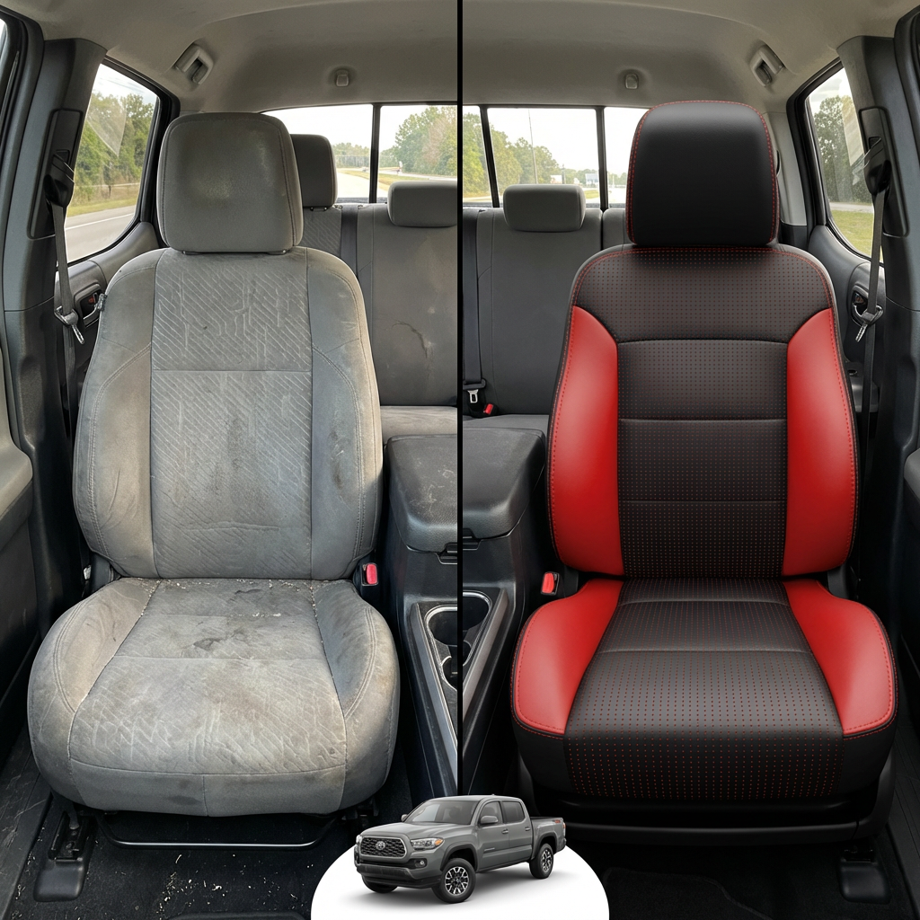 Before-and-after comparison of front seats, showing cloth seat upgraded to perforated leather upholstery.