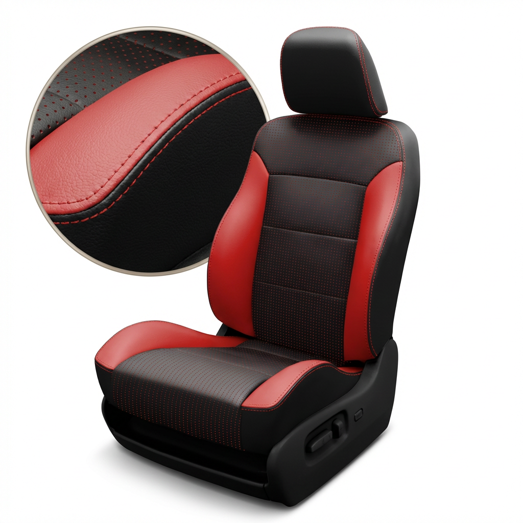 Black and red car seat cover with detailed texture on a white background