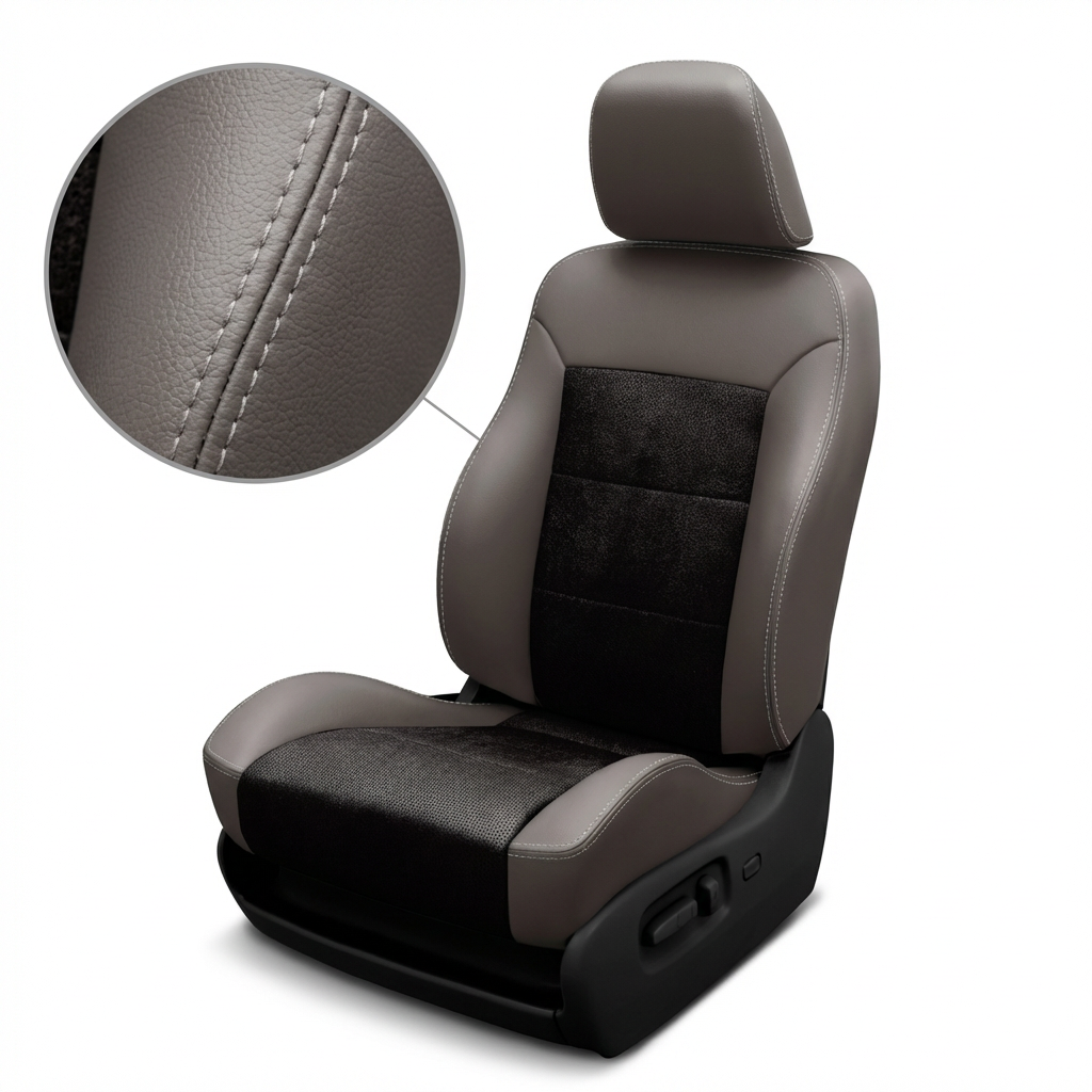 Gray car seat with detailed stitching on a white background