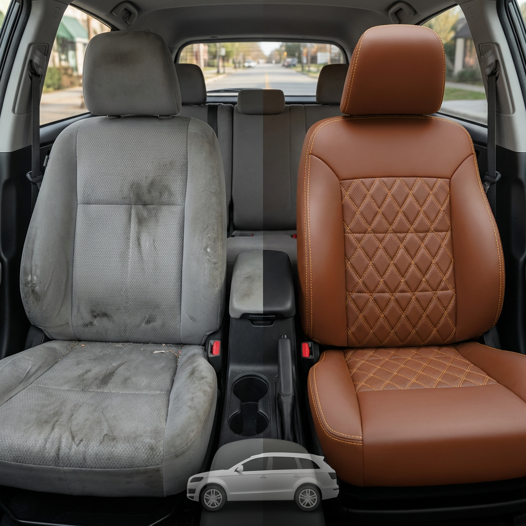 Before-and-after comparison of front seats, showing cloth seat upgraded to perforated leather upholstery.