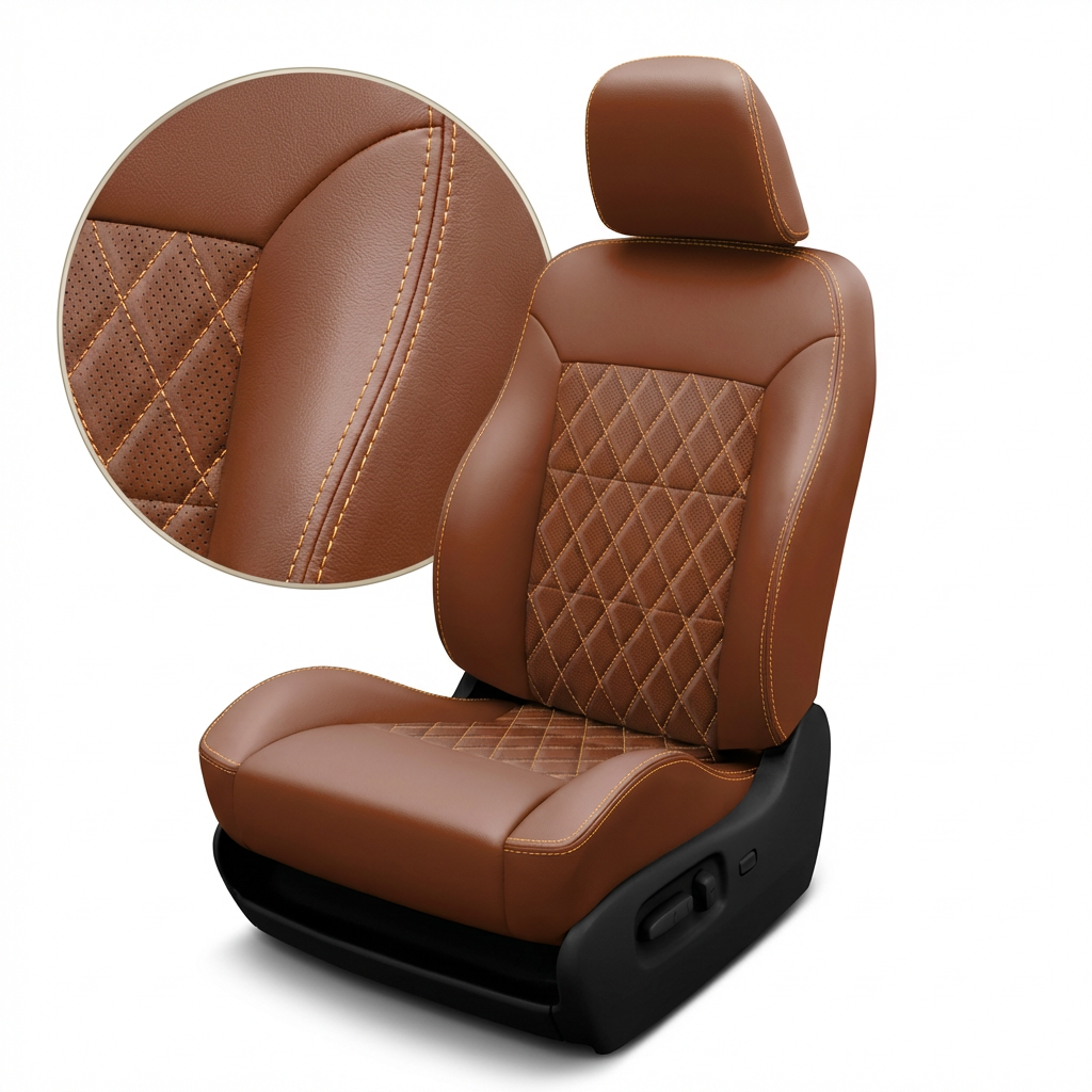 Brown leather car seat with diamond pattern stitching on a white background