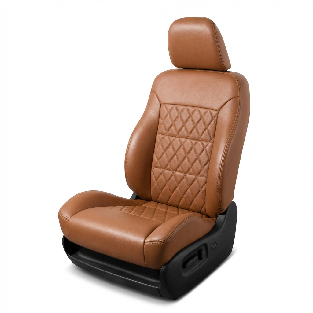 Brown leather car seat with quilted design on a white background