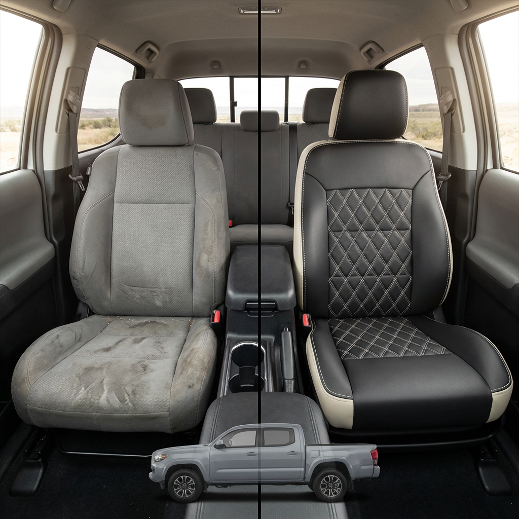 Before-and-after comparison of front seats, showing cloth seat upgraded to perforated leather upholstery.