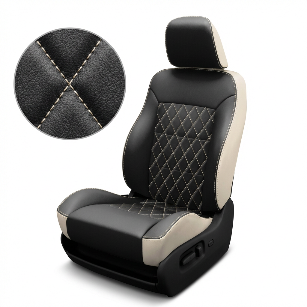 Black and beige car seat cover with diamond stitching detail on a white background
