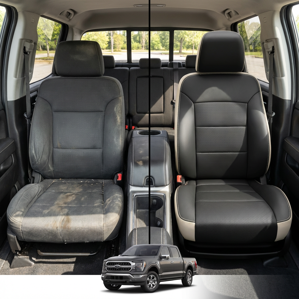 Before-and-after comparison of front seats, showing cloth seat upgraded to perforated leather upholstery.
