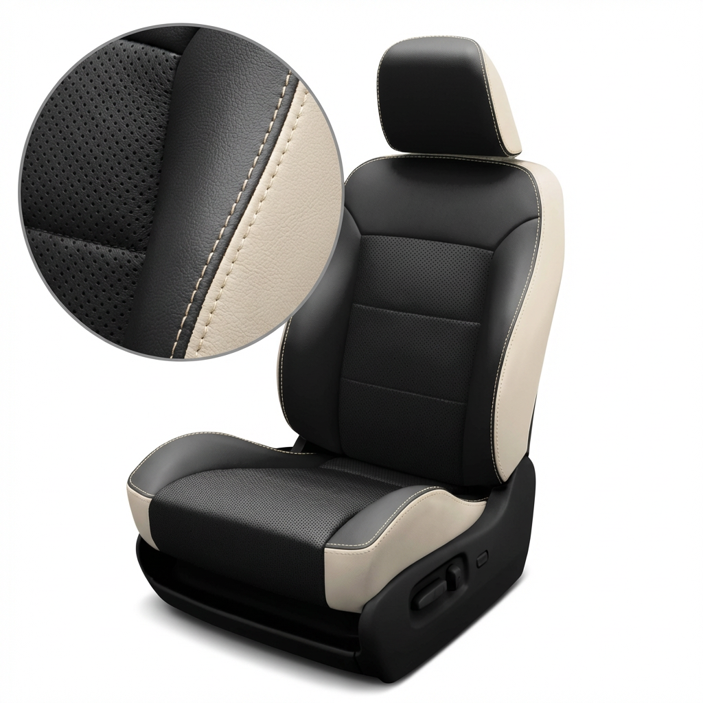 Black and beige car seat with detailed texture on a white background