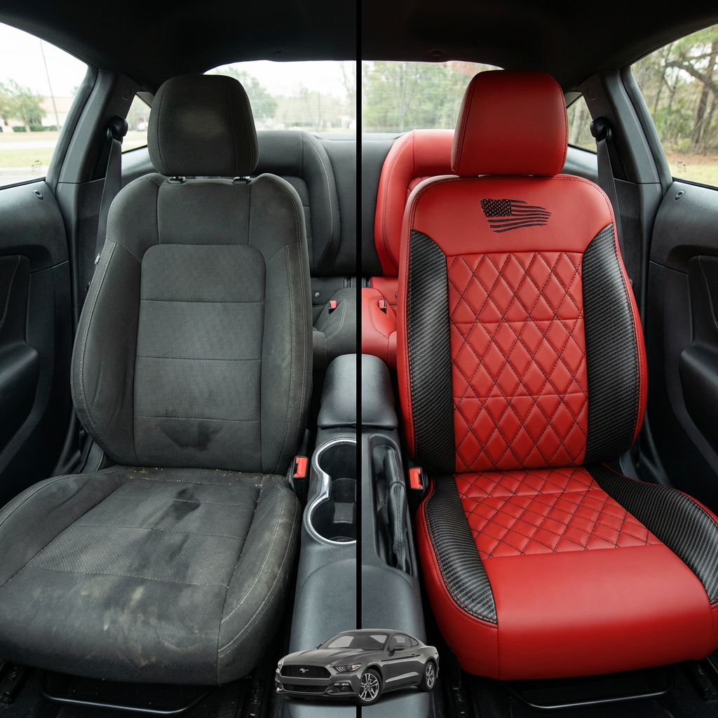Before-and-after comparison of front seats, showing cloth seat upgraded to perforated leather upholstery.