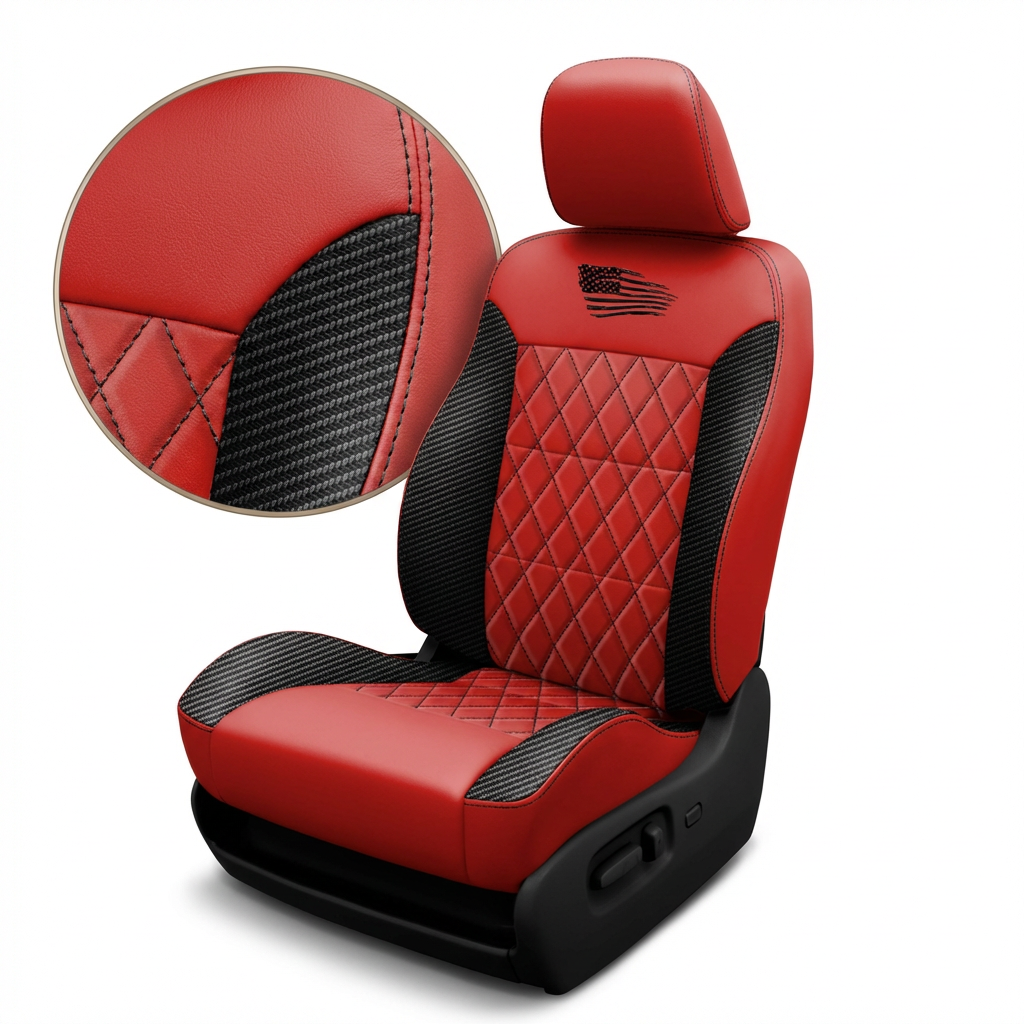 Red and black quilted car seat cover with detailed stitching on a white background