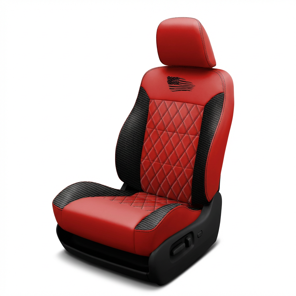 Red and black car seat with diamond pattern on a white background