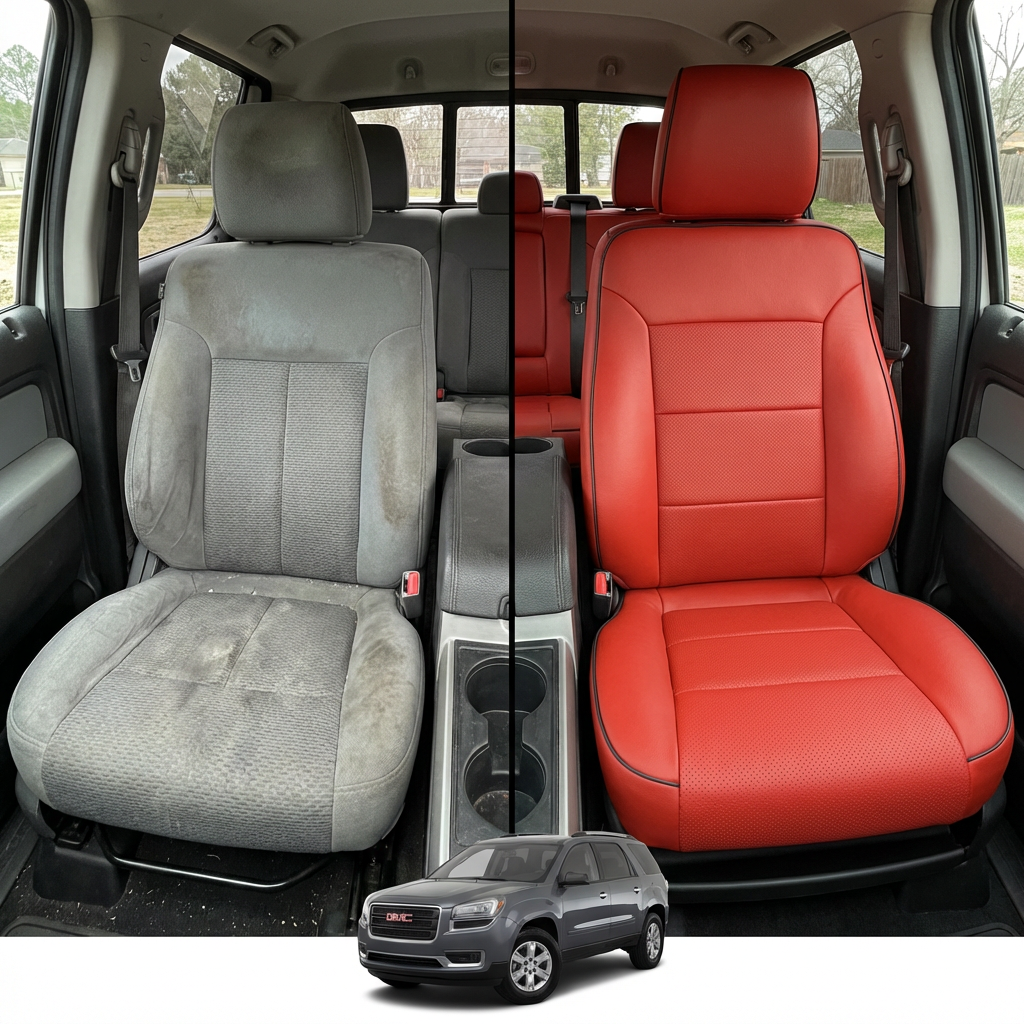 Before-and-after comparison of front seats, showing cloth seat upgraded to perforated leather upholstery.