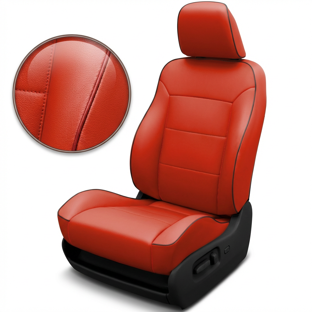 Red car seat with close-up of texture on a white background