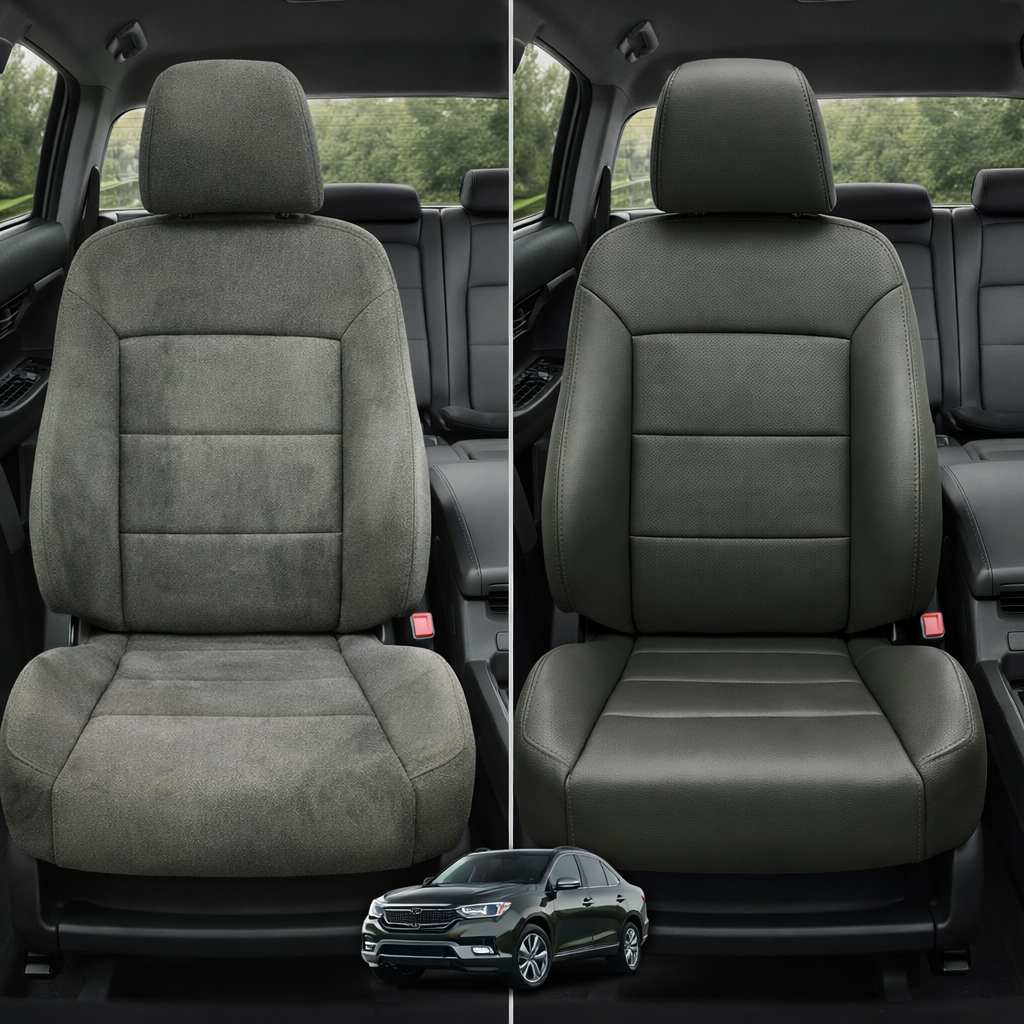Before-and-after comparison of front seats, showing cloth seat upgraded to perforated leather upholstery.