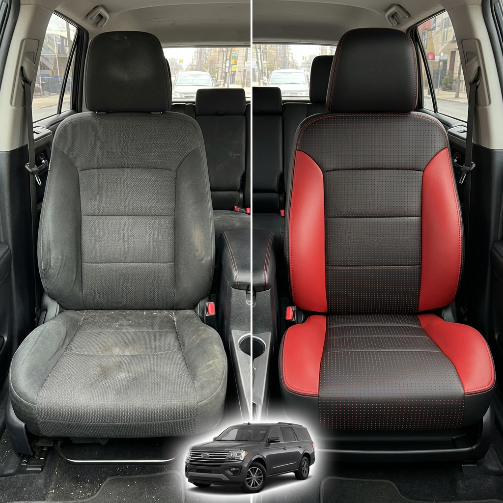 Before-and-after interior photo for a 1994–1997 Chrysler LHS showing the original worn black cloth front seat on the left and the upgraded Katzkin K3 leather seat on the right (K3762-100) with black leather, a barracuda red body, red side wings, perforated black center panels, and red contrast stitching; split-screen cabin view with a small vehicle graphic at the bottom.