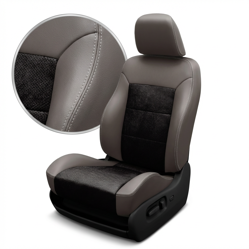  Close-up of a 1994–1997 Chrysler LHS Katzkin leather seat cover kit (K3, K3643-103) on a white background with light gray bolsters, a raven/black perforated combo center insert, and silver contrast stitching; inset zoom shows the leather grain, perforation, and stitched seam detail.