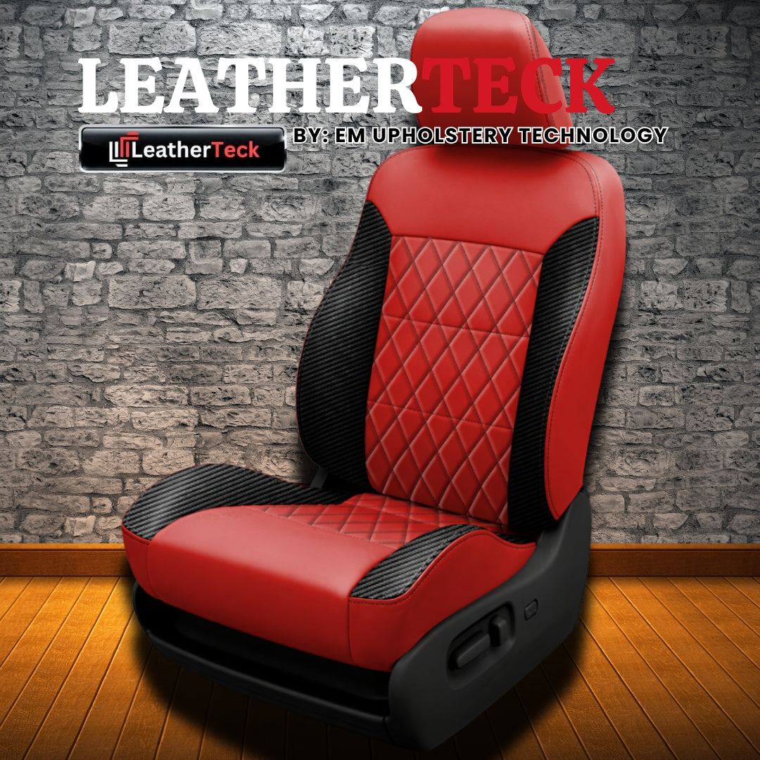 Leatherteck-branded promo image for a 1994–1997 Chrysler LHS Katzkin Leatherteck leather seat cover kit (K3, K3649-121) featuring red leather bolsters and headrest, carbon shadow side wings, a diamond-quilted red center insert, and black contrast stitching, shown on a wood floor against a gray brick wall with LEATHERTECK, the LeatherTeck logo, and “BY: EM UPHOLSTERY TECHNOLOGY” text.


