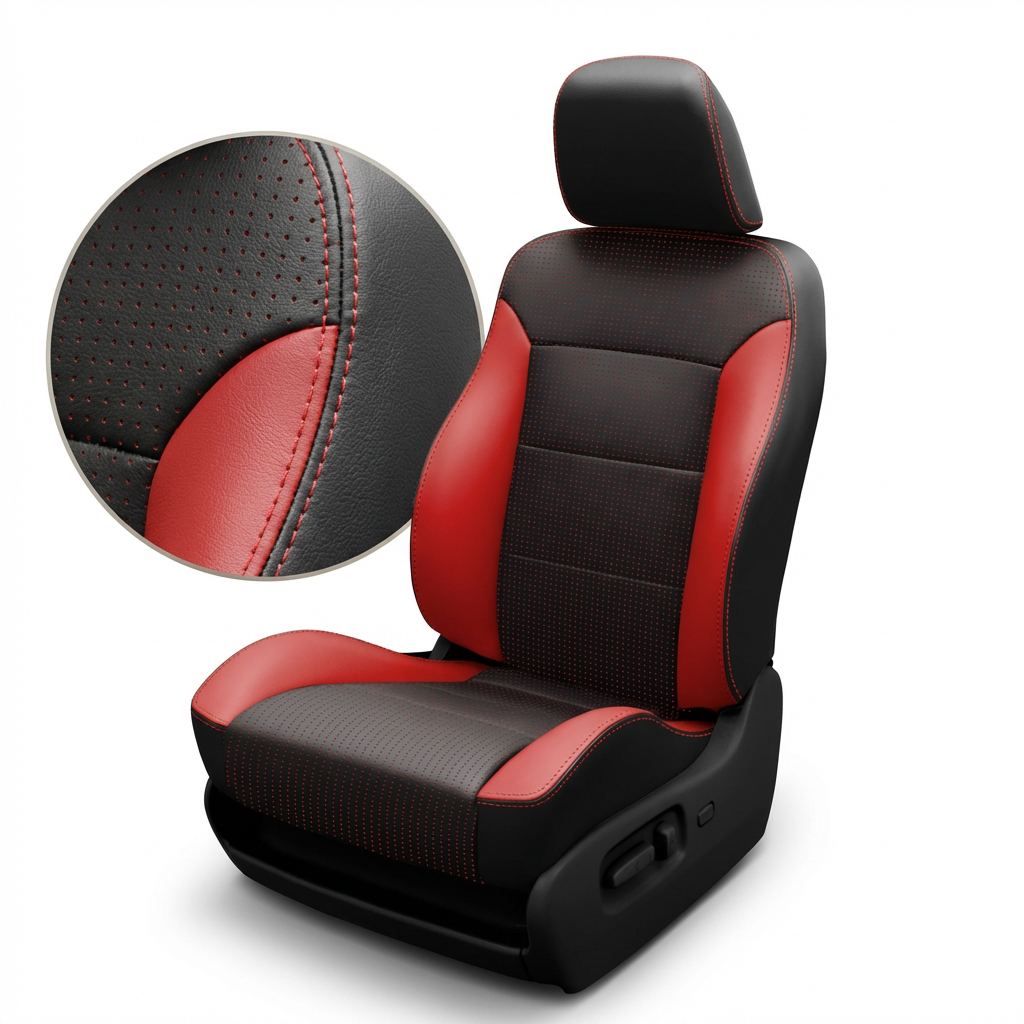 Close-up of a 1994–1997 Chrysler LHS Leatherteck/Katzkin leather seat cover kit (K8, K3762-100) on a white background with black wrap, barracuda red side wings, perforated black center panels, and red contrast stitching, including an inset highlighting the perforation and red-stitched seam.