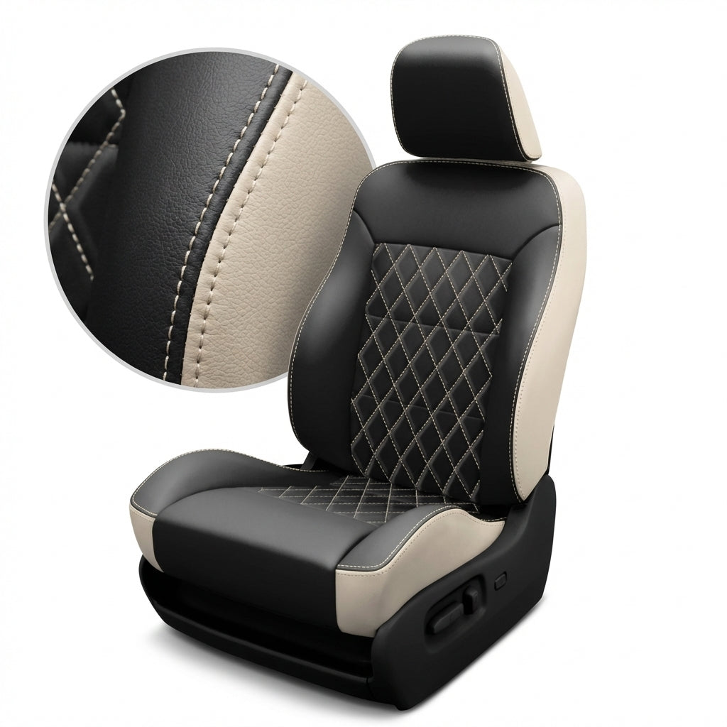 Close-up of a 1994–1997 Chrysler LHS Leatherteck Katzkin leather seat cover upholstery kit (K2) in pearl with black facing, single diamond-quilted inserts, and pearl stitching, shown on a white background with an inset highlighting the pearl-and-black panel seam and stitching detail.