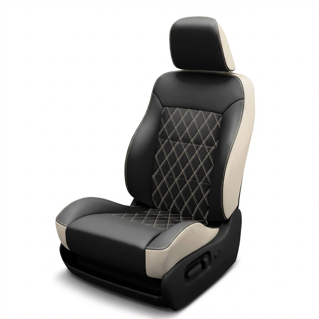  1994–1997 Chrysler LHS Leatherteck Katzkin leather seat cover upholstery kit (K2) in pearl with black facing, single diamond-quilted center inserts, and pearl stitching, shown as a full front seat on a white background.