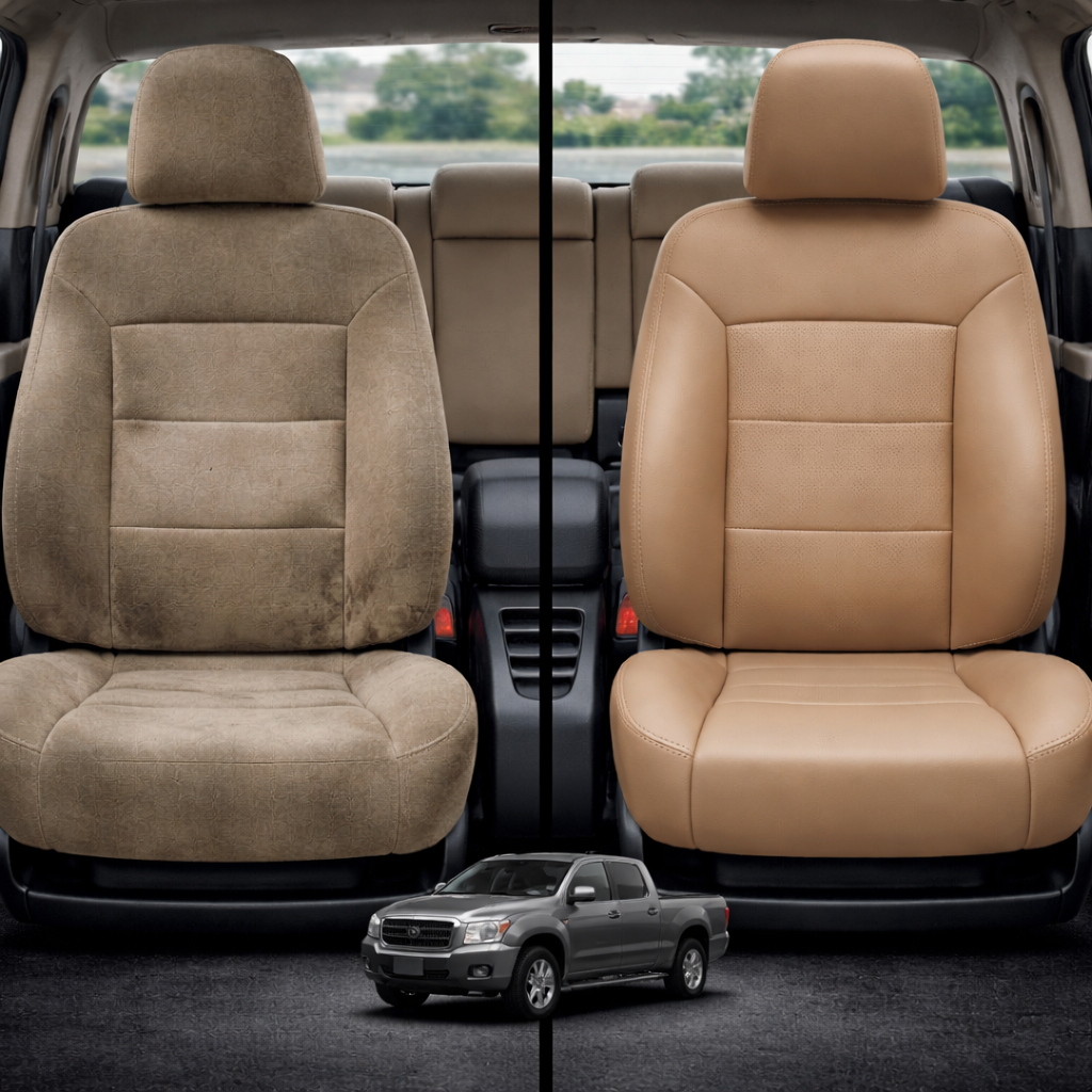 Before-and-after interior photo for a 1994–1997 Chrysler LHS showing a worn tan cloth front seat on the left and the upgraded Leatherteck/Katzkin F3 seat on the right in tan/beige leather (F123-104) with smooth bolsters and a matching center insert with horizontal panel seams; split-screen view with a small vehicle graphic at the bottom.