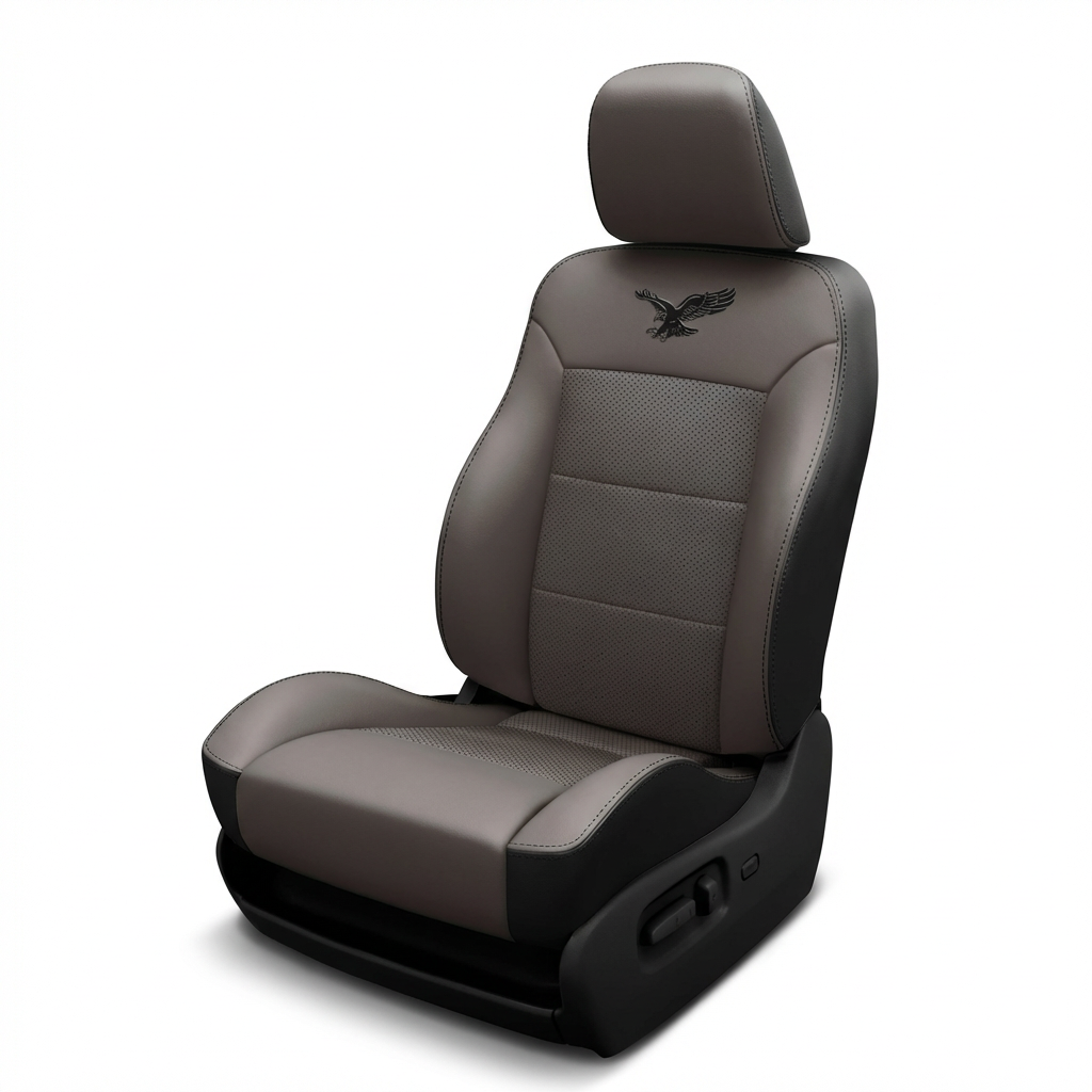 1994–1997 Chrysler Town Leatherteck Deluxe Katzkin K3 leather upholstery seat cover on a white background (K3763-100), featuring a black wrap with black contrast stitching, a light gray face with a perforated gray center insert, and a black embroidered eagle emblem on the upper backrest.