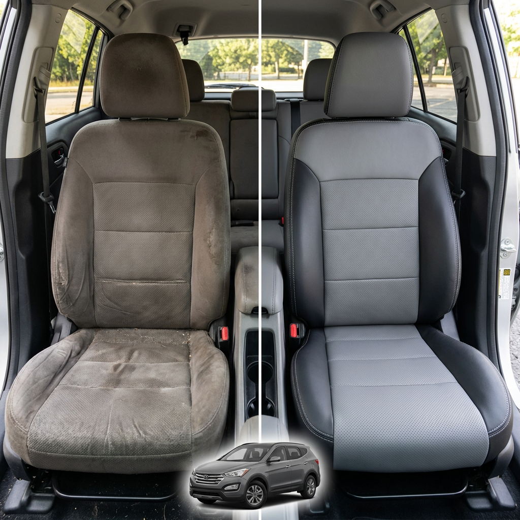 Before-and-after comparison of front seats, showing cloth seat upgraded to perforated leather upholstery.