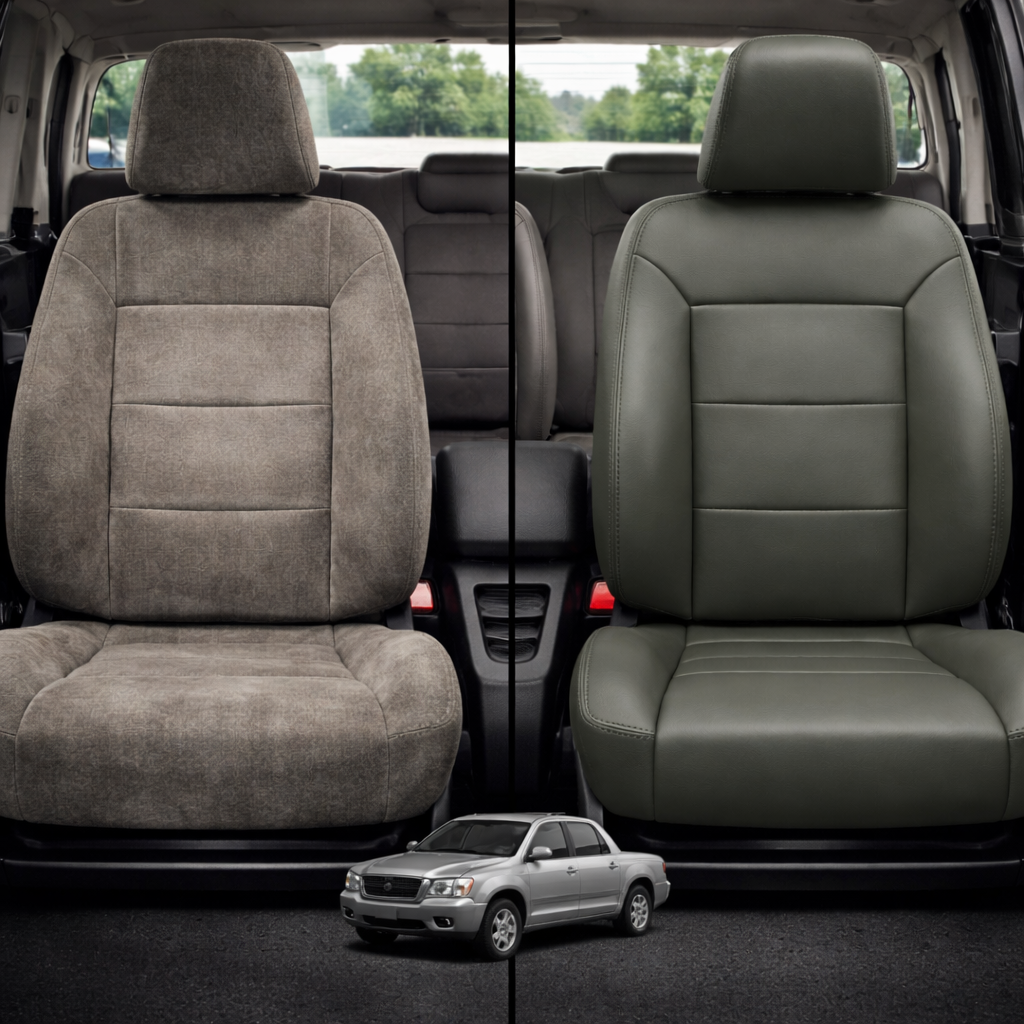 Before-and-after comparison of front seats, showing cloth seat upgraded to perforated leather upholstery.