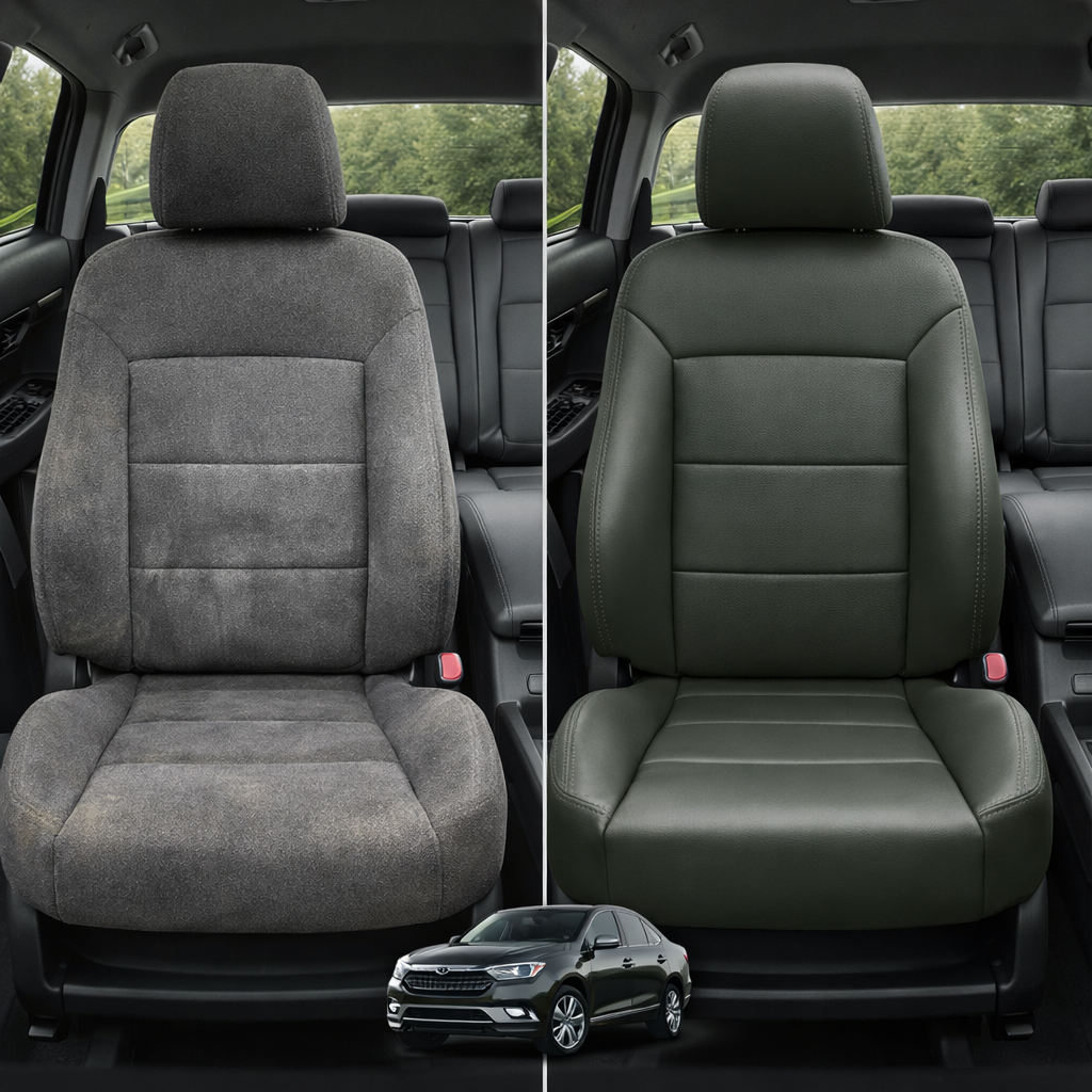 Before-and-after comparison of front seats, showing cloth seat upgraded to perforated leather upholstery.