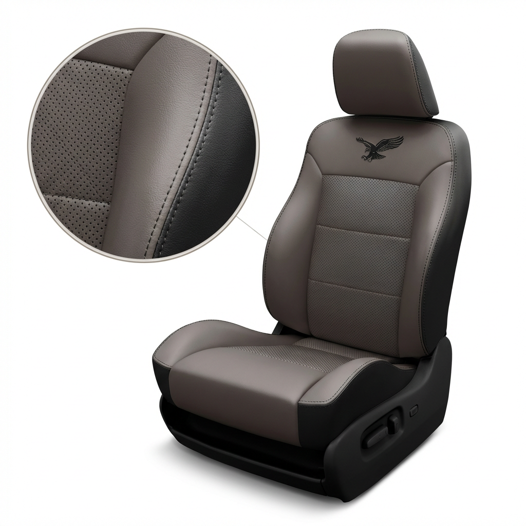 Black wrap and Light Grey facing car seat with headrest and detailed closed up stitching
on a white background

