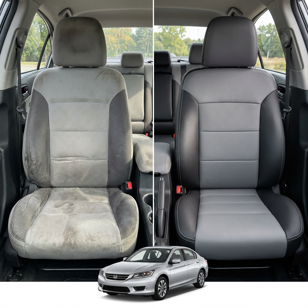 Before-and-after comparison of front seats, showing cloth seat upgraded to perforated leather upholstery.