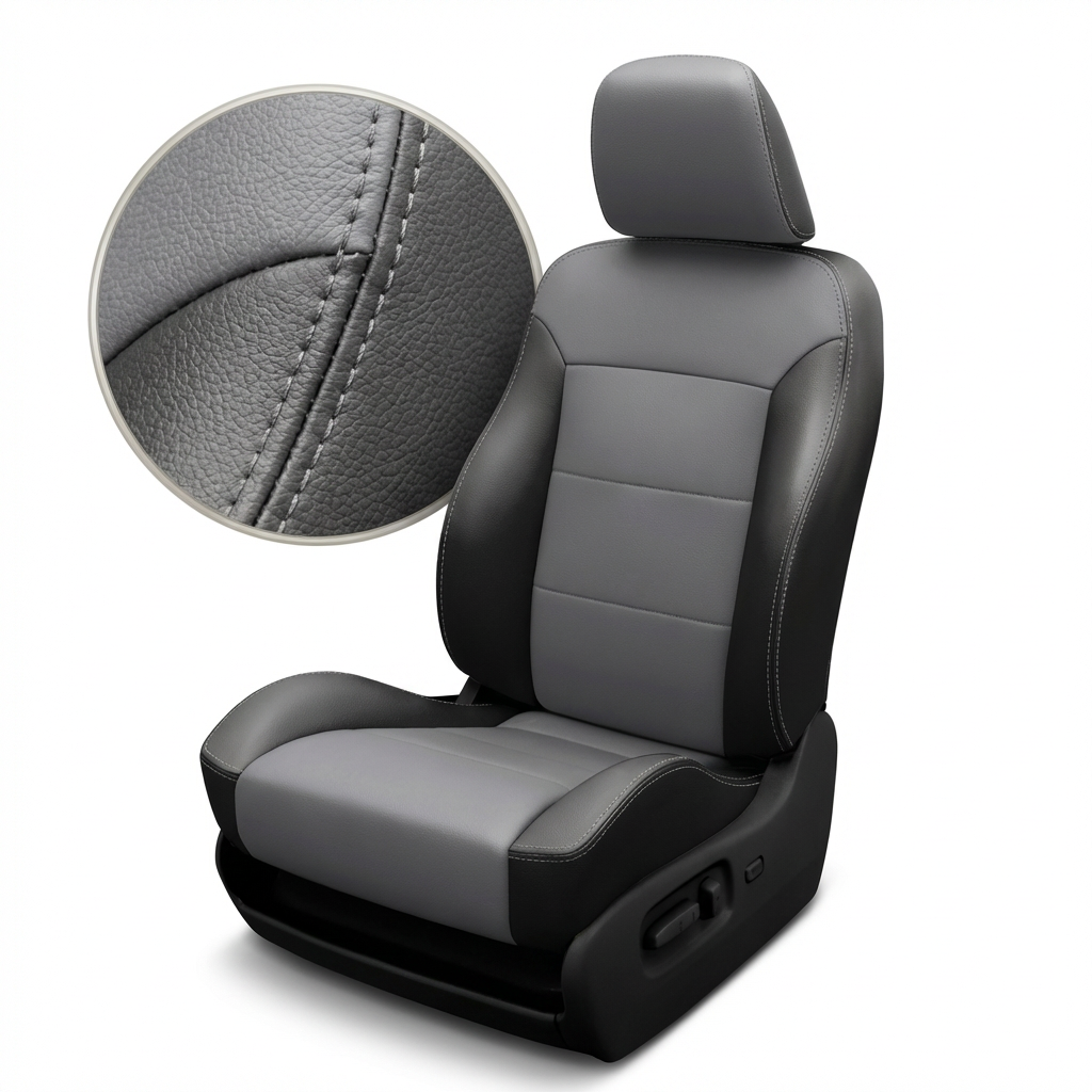 Gray car seat with detailed stitching on a white background