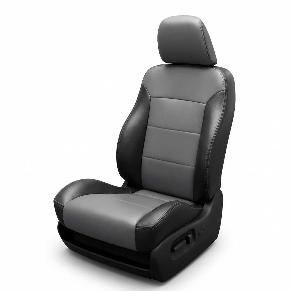 Gray car seat with black accents on a white background