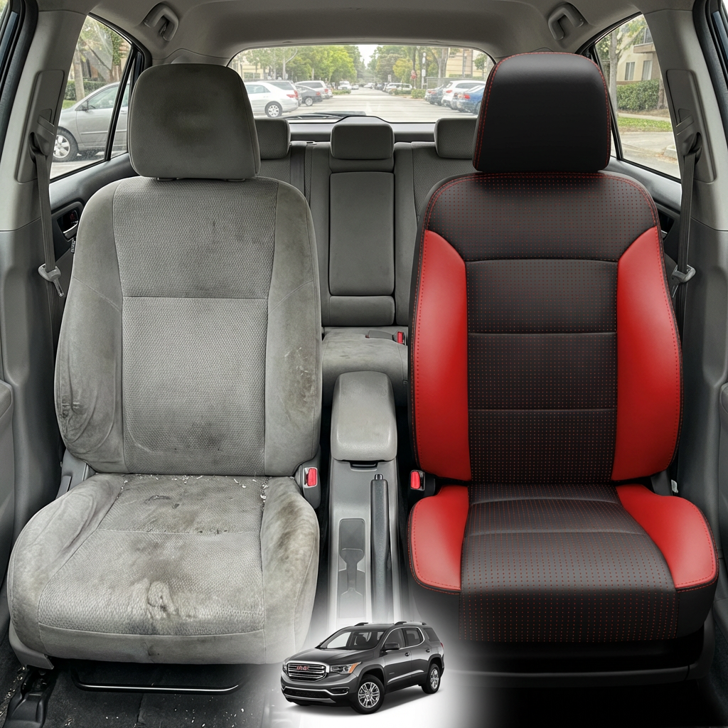 Before-and-after comparison of front seats, showing cloth seat upgraded to perforated leather upholstery.
