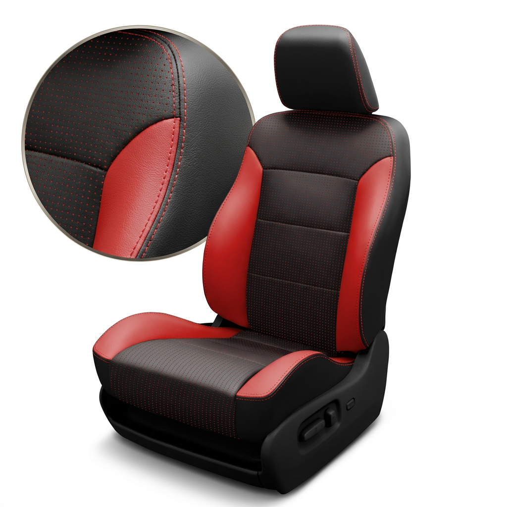 Black and red car seat cover with close-up detail on a white background