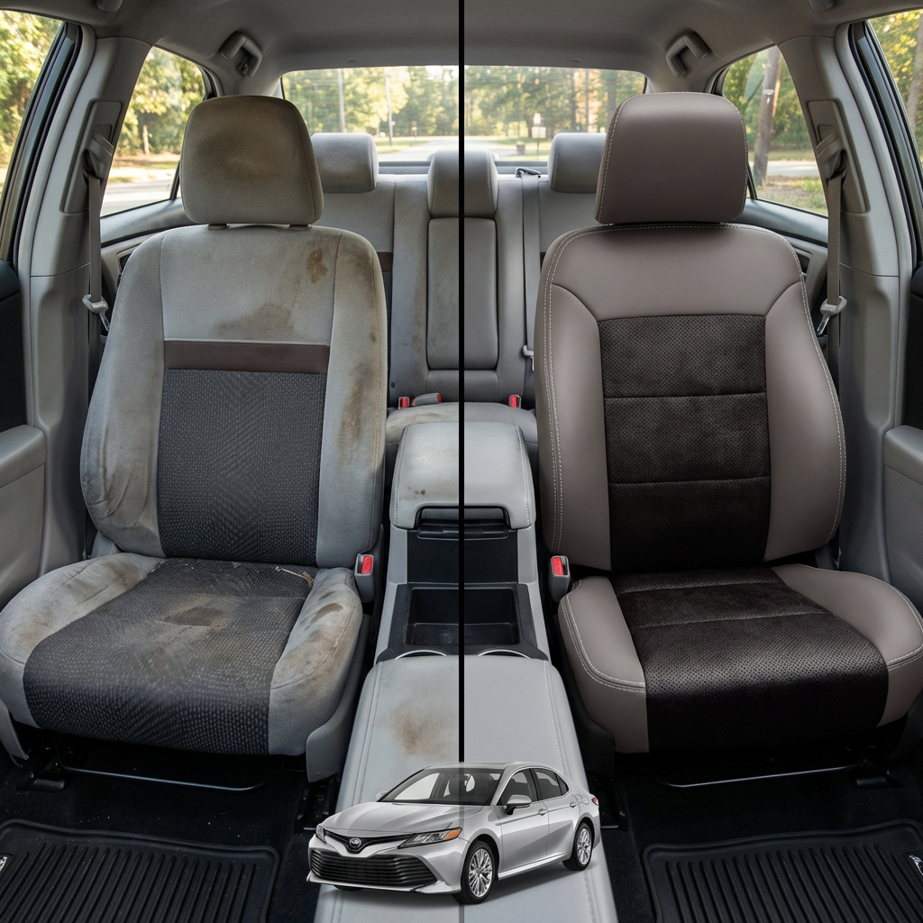 Before-and-after comparison of front seats, showing cloth seat upgraded to perforated leather upholstery.