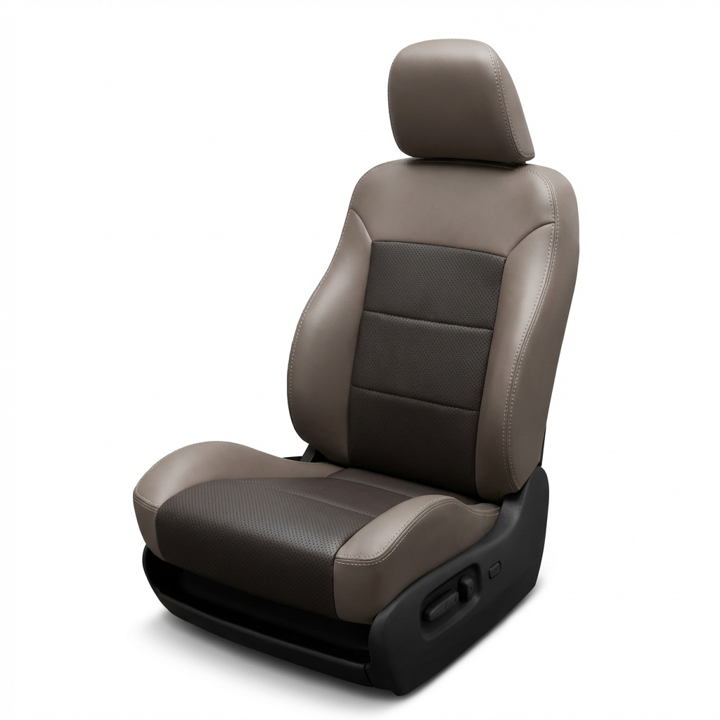 Brown car seat with black accents on a white background