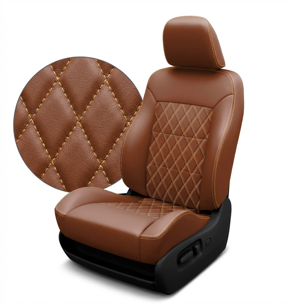 Brown leather car seat with diamond stitching on a white background