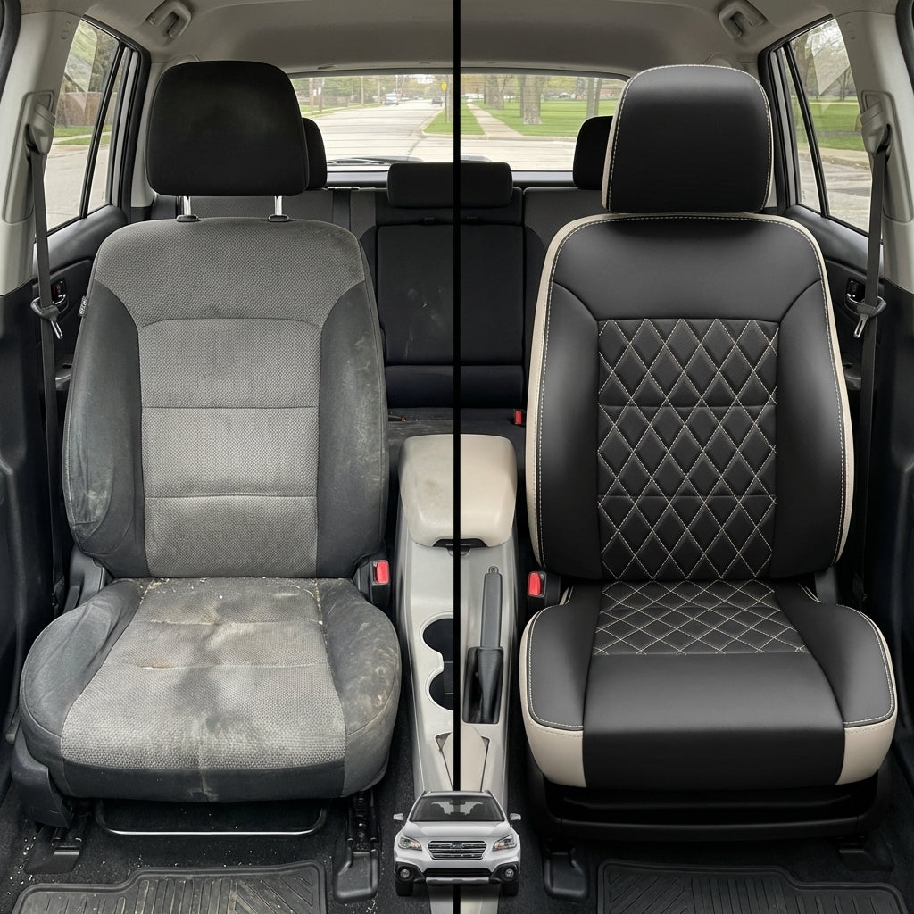 Before-and-after comparison of front seats, showing cloth seat upgraded to perforated leather upholstery.