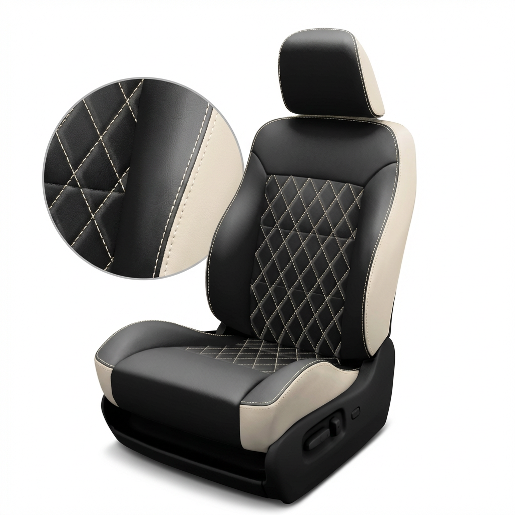 Pearl wrap and Black facing car seat with headrest and detailed closed up stitching on a white background