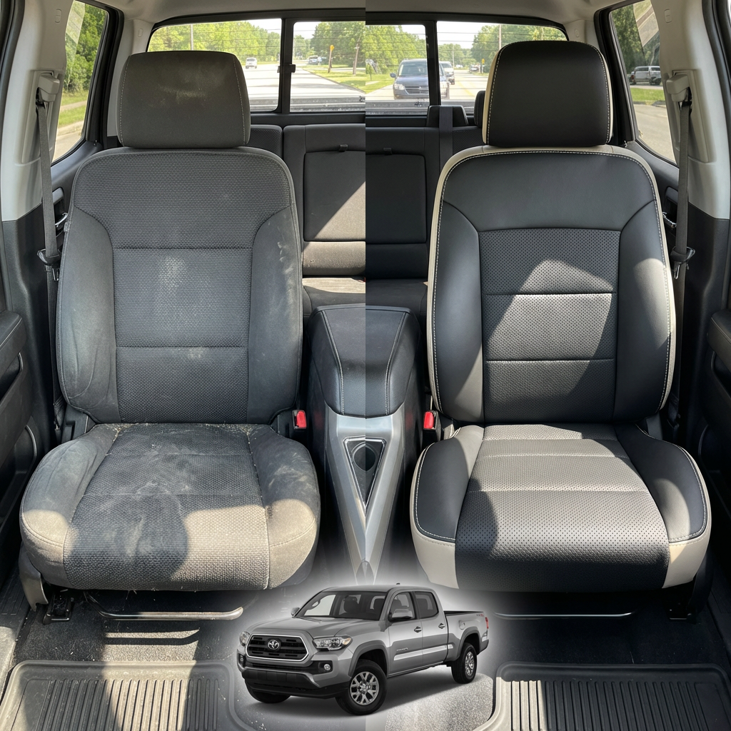 Before-and-after comparison of front seats, showing cloth seat upgraded to perforated leather upholstery.