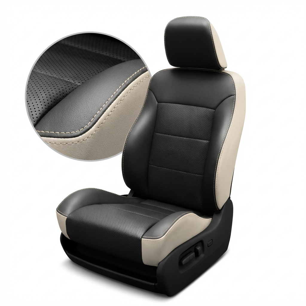 Black and beige car seat with detailed texture on a white background