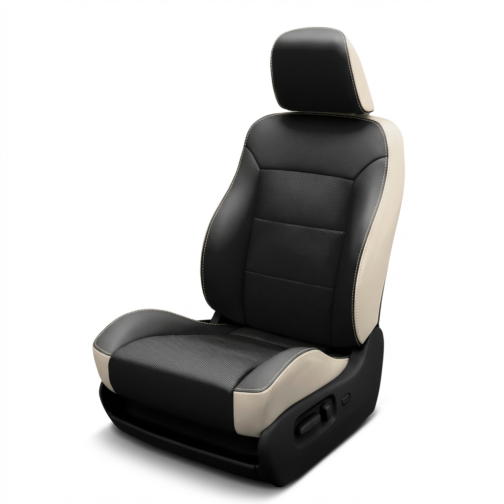 Black and beige car seat with diamond pattern on a white background