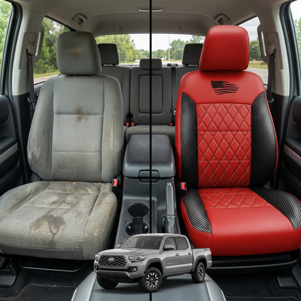 Before-and-after comparison of front seats, showing cloth seat upgraded to perforated leather upholstery.