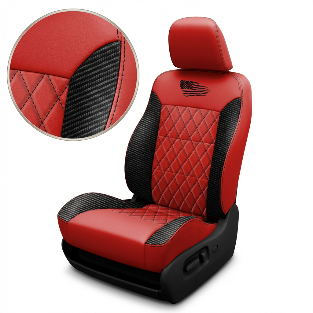 Red and black quilted car seat cover with detailed stitching on a white background
