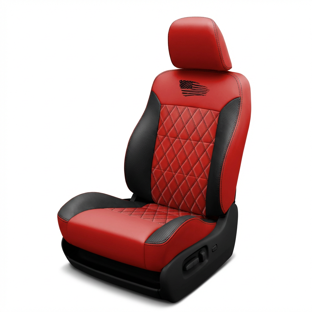 Red and black car seat with diamond pattern on a white background