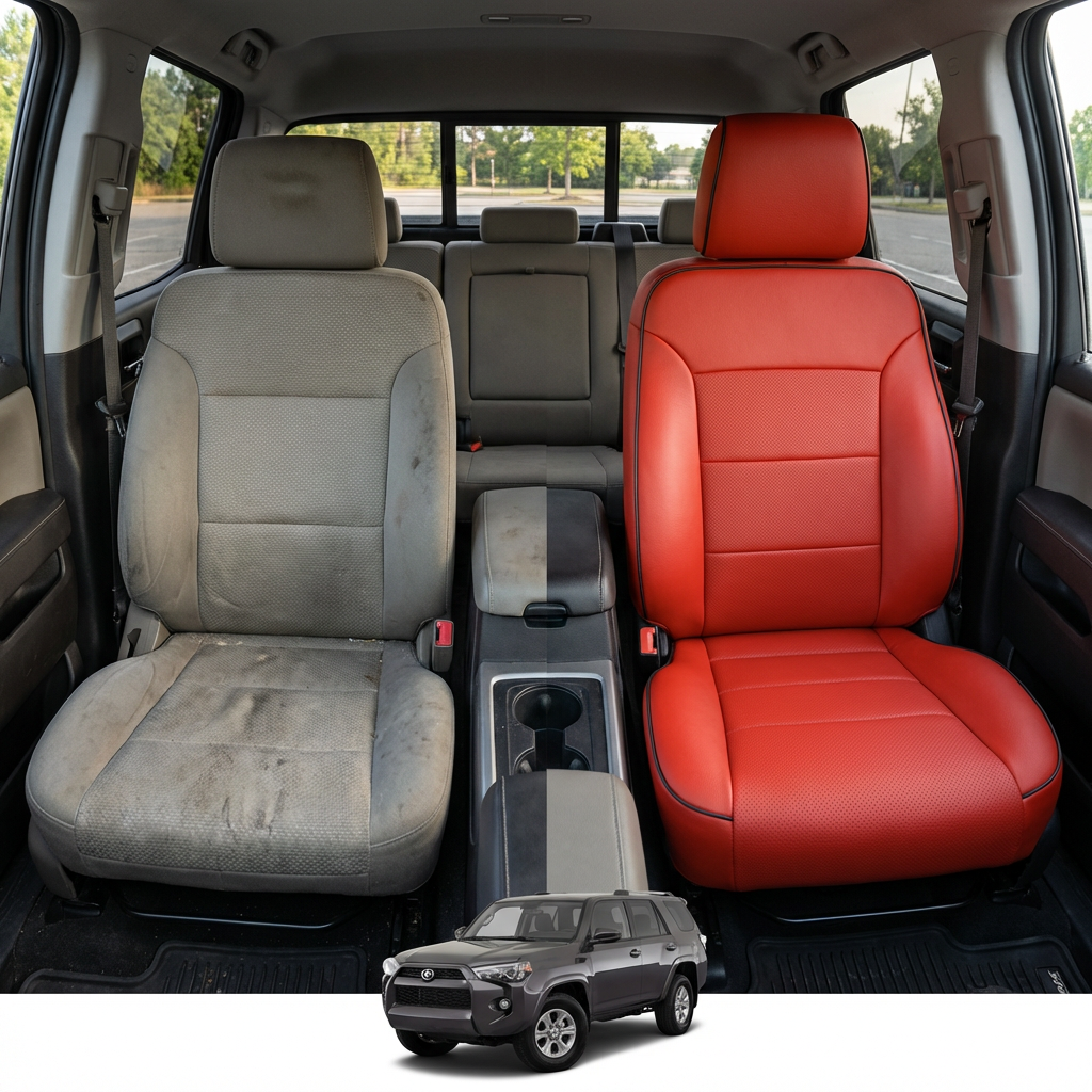 Before-and-after comparison of front seats, showing cloth seat upgraded to perforated leather upholstery.