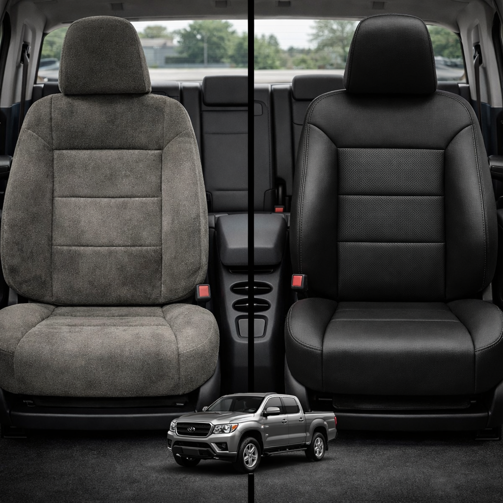 Before-and-after comparison of front seats, showing cloth seat upgraded to perforated leather upholstery.
