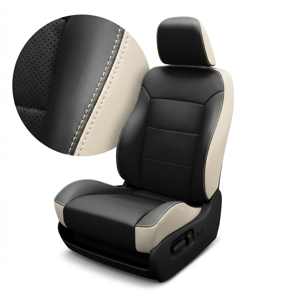 Black and beige car seat cover with detailed stitching on a white background
