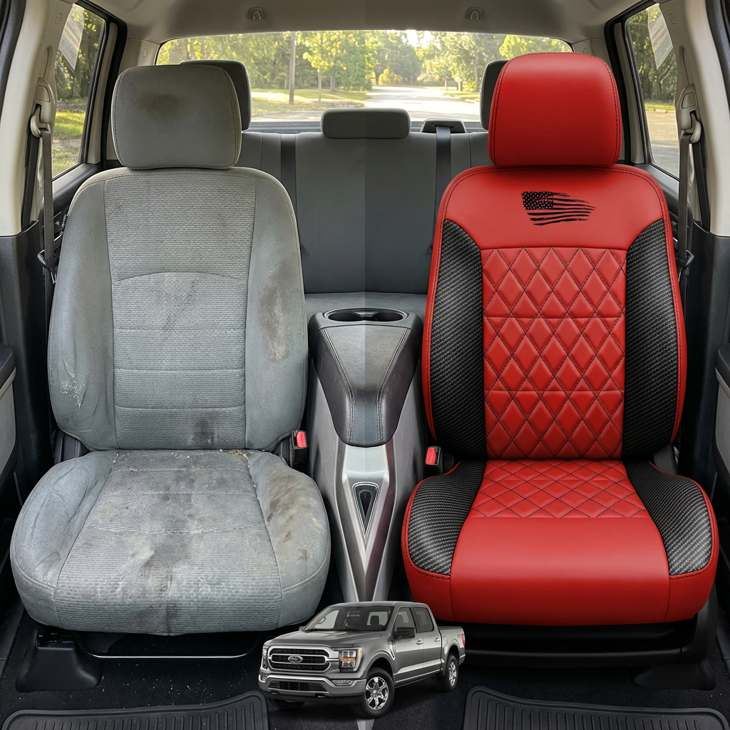 Before-and-after comparison of front seats, showing cloth seat upgraded to perforated leather upholstery.