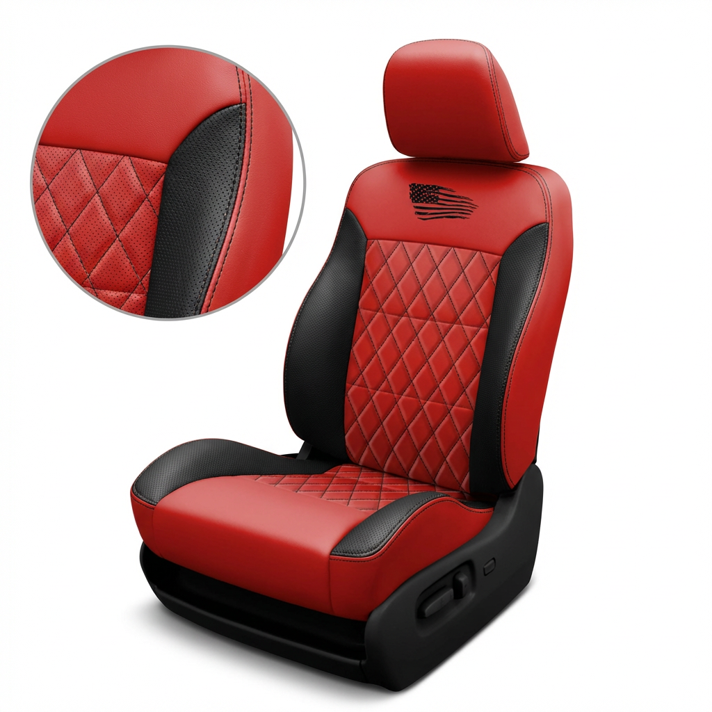 Red and black car seat cover with quilted design on a white background