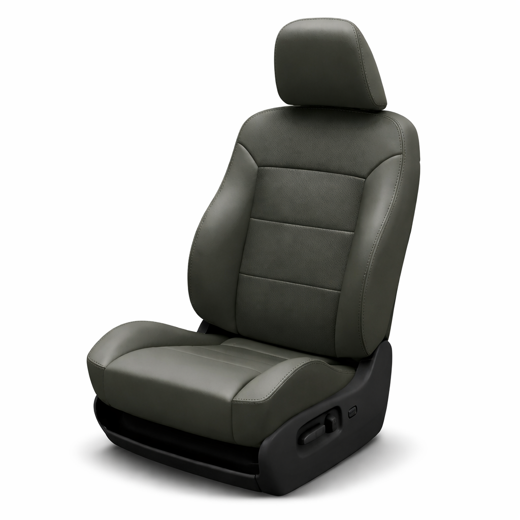 Gray car seat with headrest on a white background